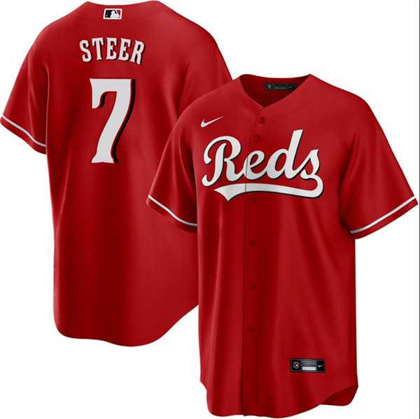 Mens Cincinnati Reds #7 Spencer Steer Red Cool Base Stitched Baseball Jerseys Dzhi